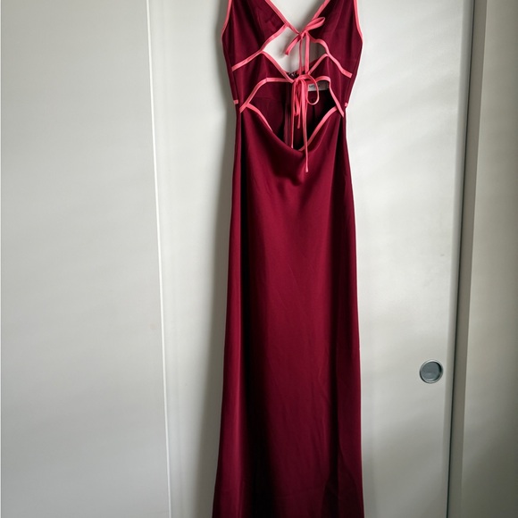 Mishka Dresses & Skirts - Misha Burgundy Maxi Dress with Pink Trim front cutout